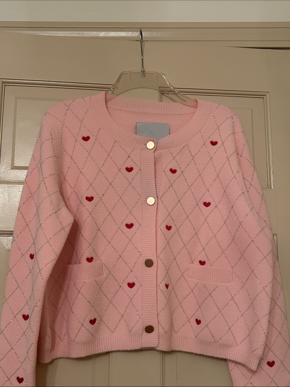 Anthropologie Pink Cardigan with Red Heart Embroidery